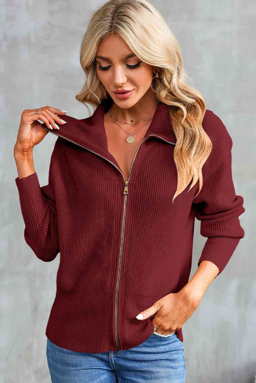 Full Size Zip-Up Collared Cardigan