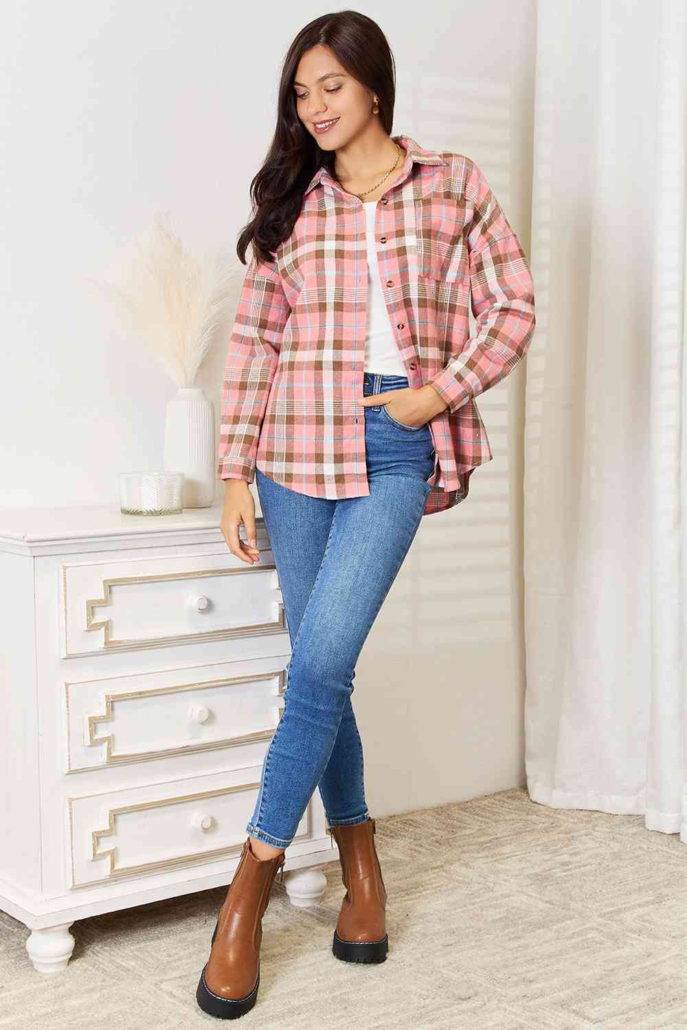Double Take Plaid Collared Neck Long Sleeve Button-Up Shirt *