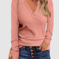Decorative Button V-Neck Long Sleeve T-Shirt