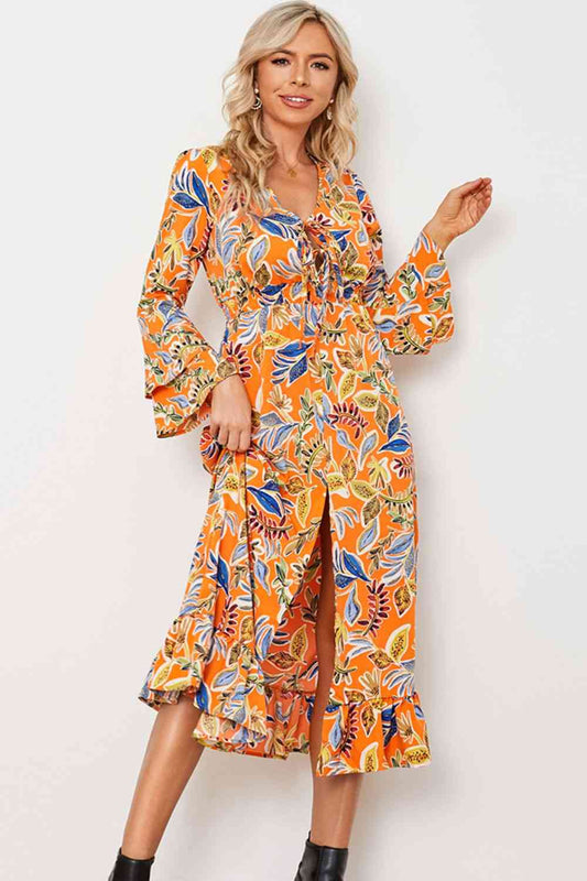 Tangerine Orange Printed Layered Flare Sleeve Split Tied Dress