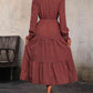 Wine Red Printed Tiered V-Neck Buttoned Midi Dress