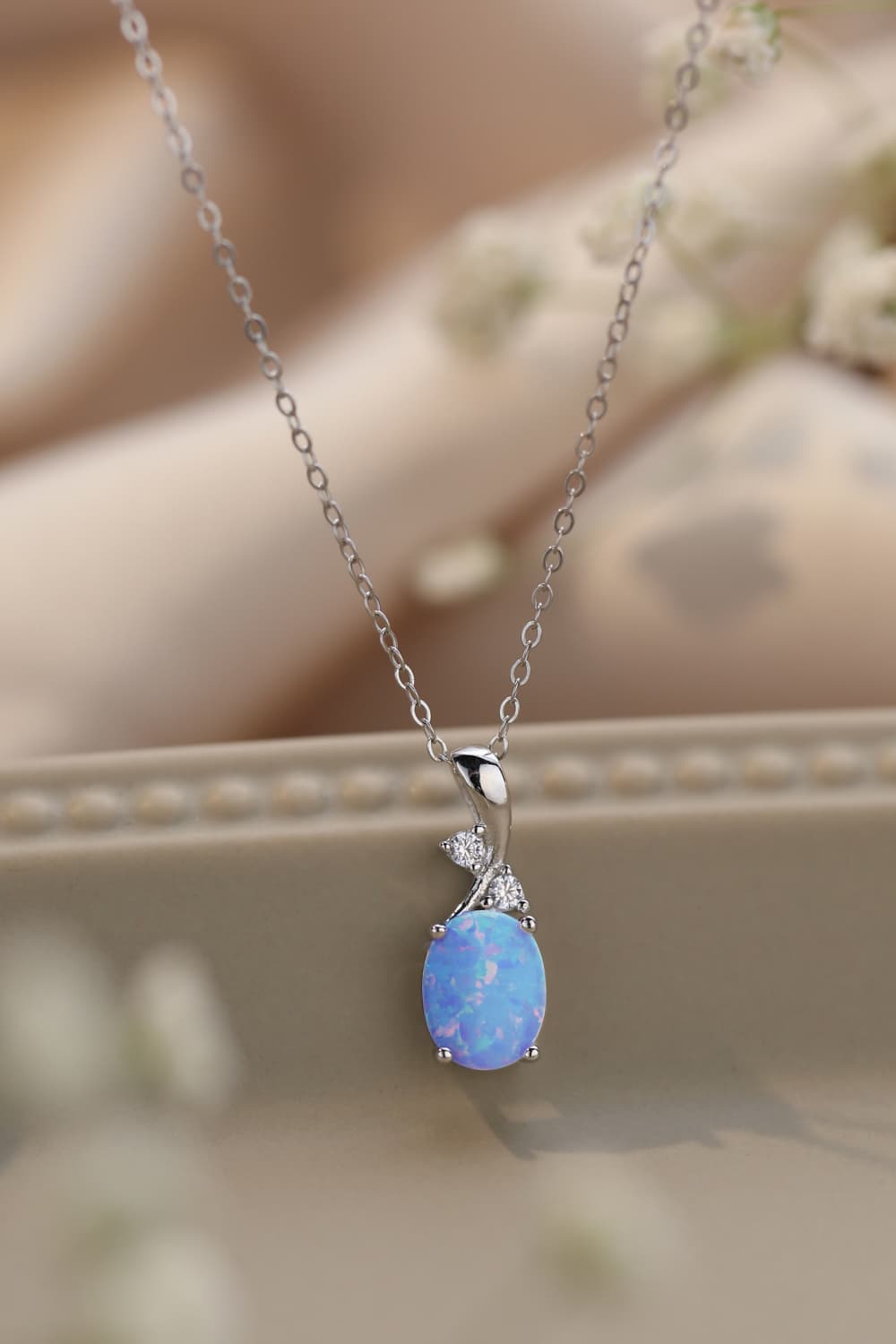 Women's Opal Oval Pendant Chain Necklace