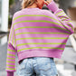 Striped Round Neck Drop Shoulder Slit Sweater
