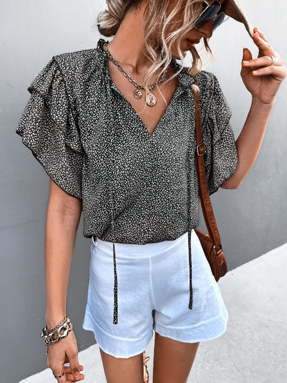 SO CHIC Printed Flutter Sleeve V-Neck Top