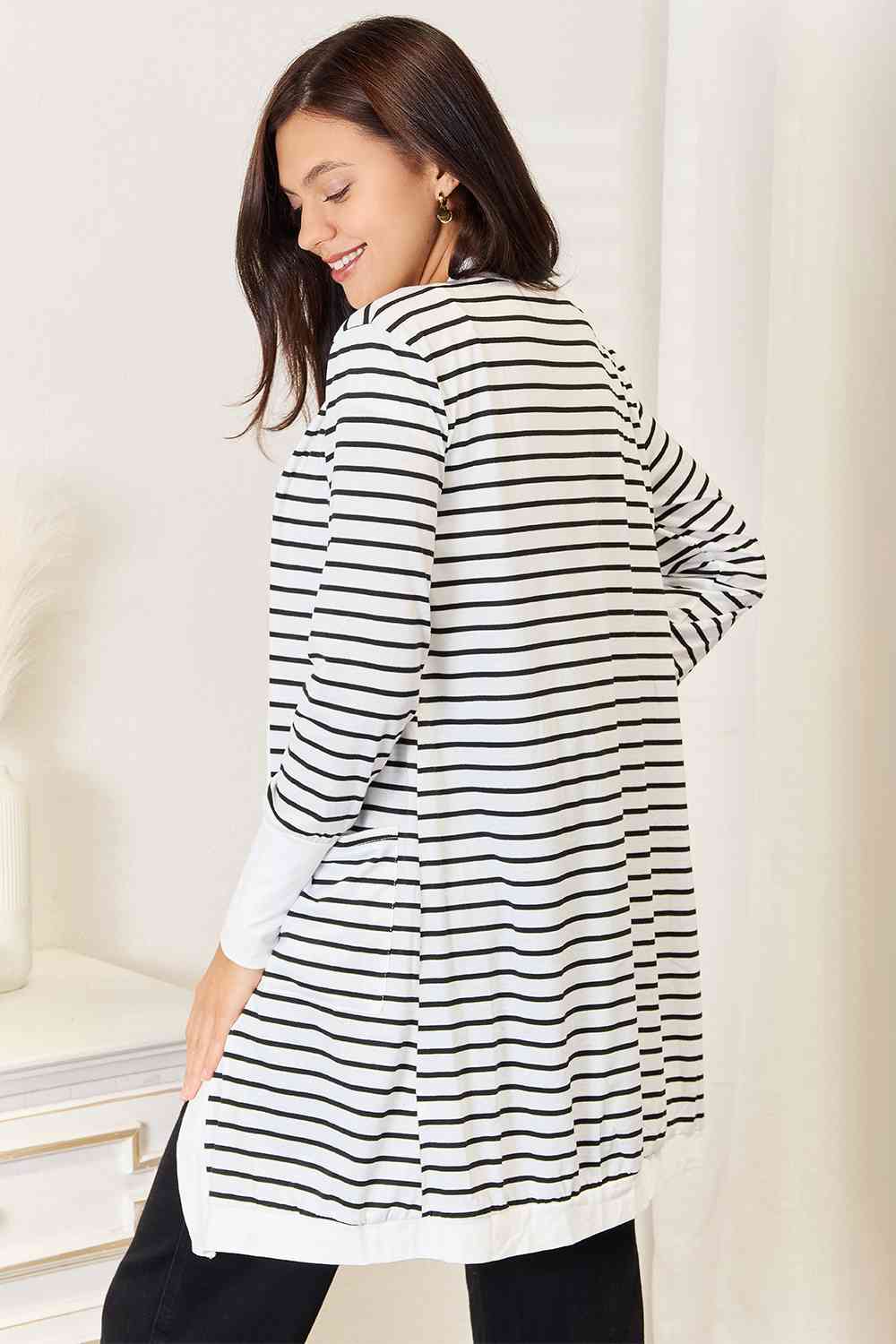 Double Take Striped Open Front Longline Cardigan *