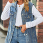 Women's Collared Neck Sleeveless Denim Top with Pockets