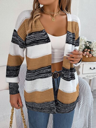 SocialBee Openwork Striped Open Front Cardigan