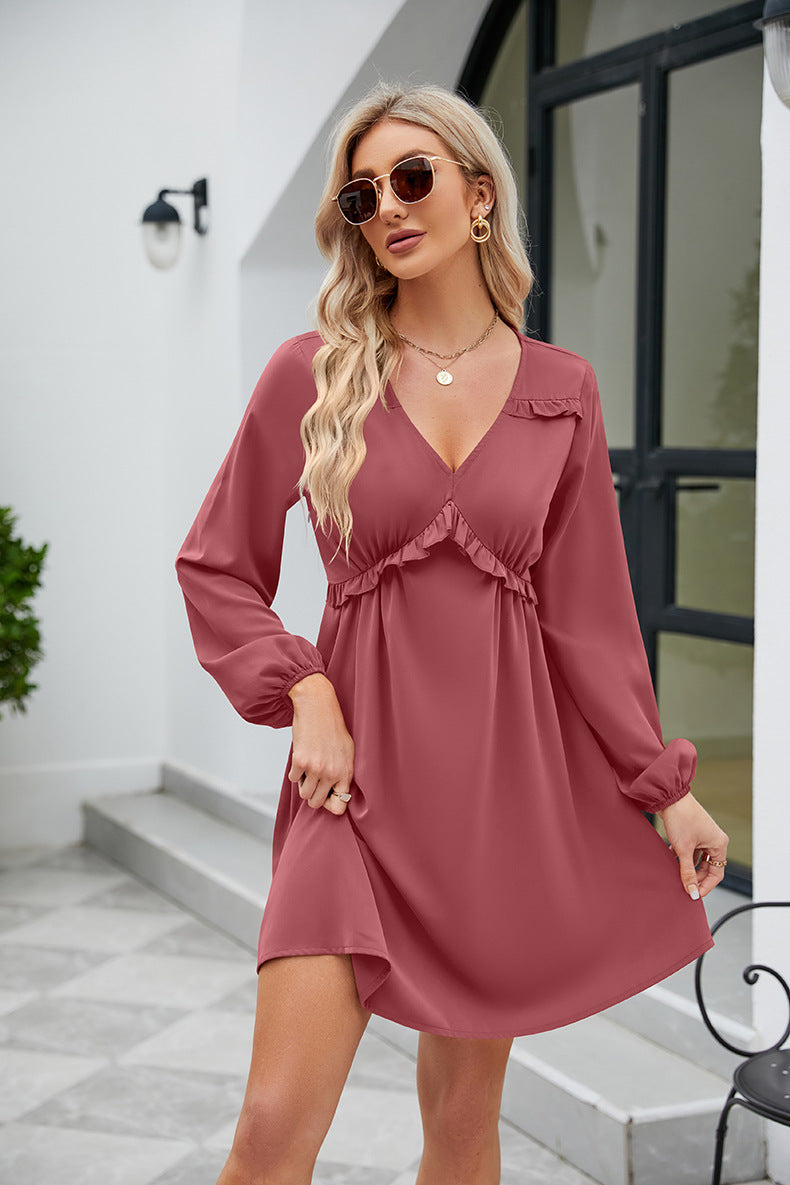 SO YOU Full Size Frill Trim V-Neck Long Sleeve Dress