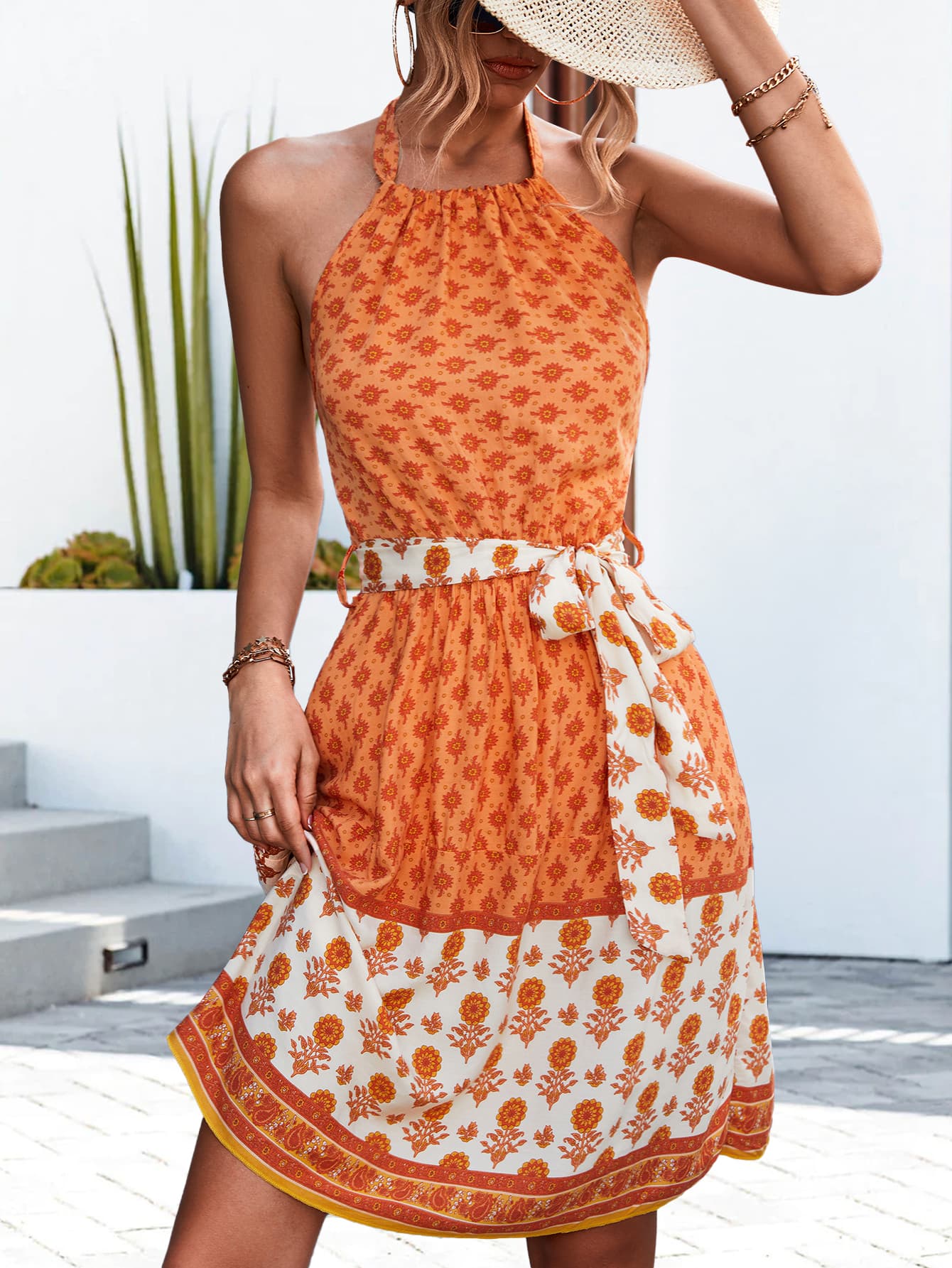 SO SASSY Floral Halter Neck Tie Waist Dress