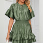 Smocked Tie Neck Flounce Sleeve Dress
