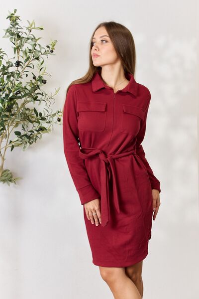 Culture Code Full Size Tie Front Half Zip Long Sleeve Shirt Dress *