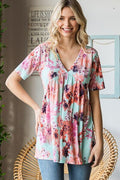 Heimish Full Size Floral V-Neck Short Sleeve Babydoll Blouse *