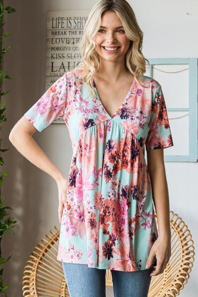 Heimish Full Size Floral V-Neck Short Sleeve Babydoll Blouse *
