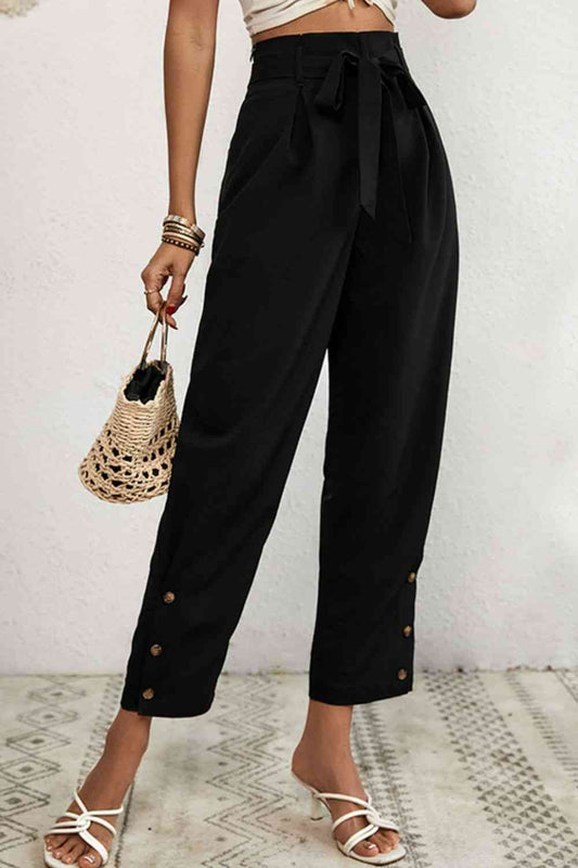 Exquisite Black Buttoned Tie-Waist Cropped Pants