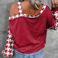 Houndstooth Long Sleeve Asymmetrical Neck Deep Red Top