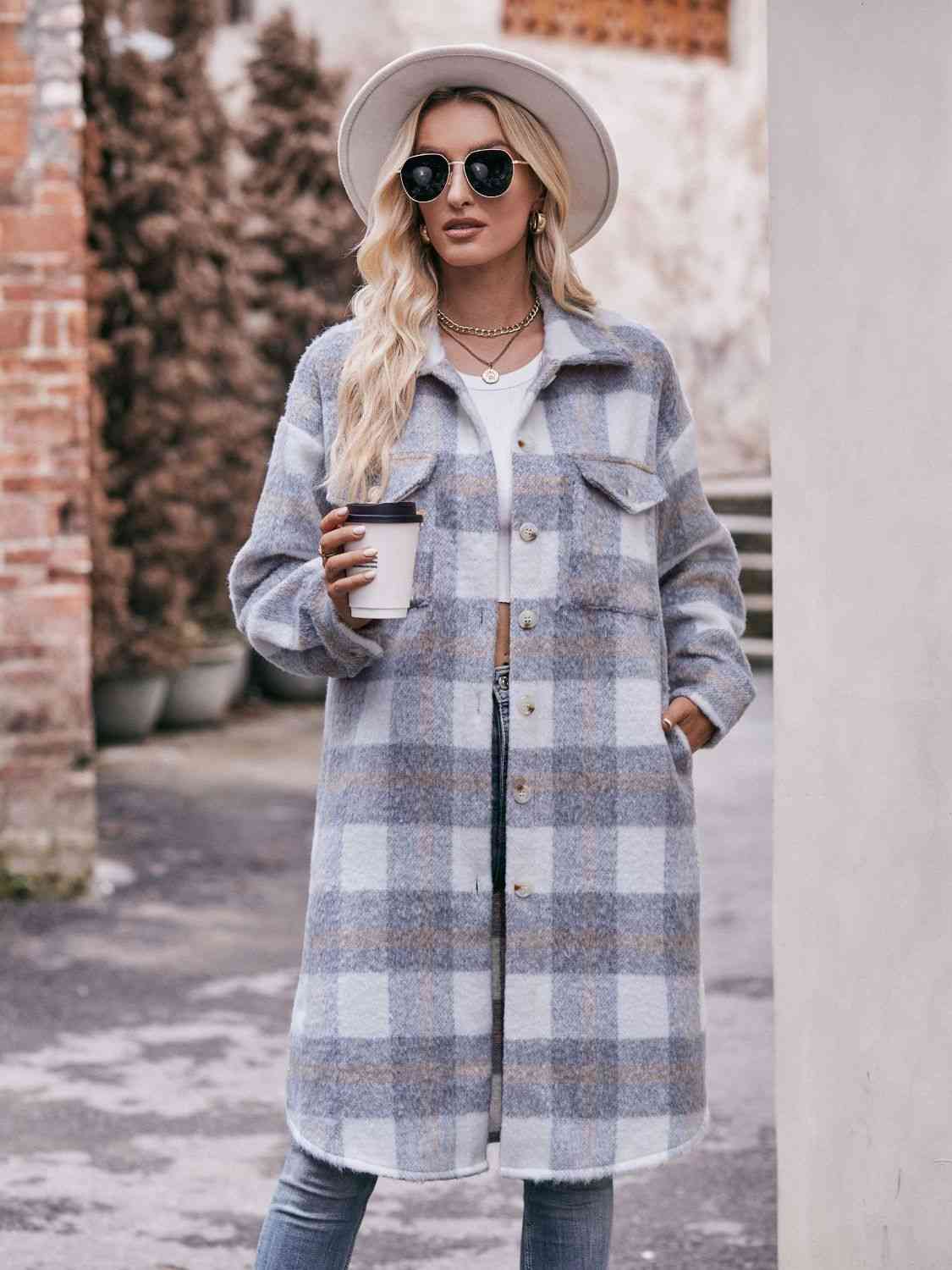 Adrien Planet Full Size Plaid Dropped Shoulder Slit Coat