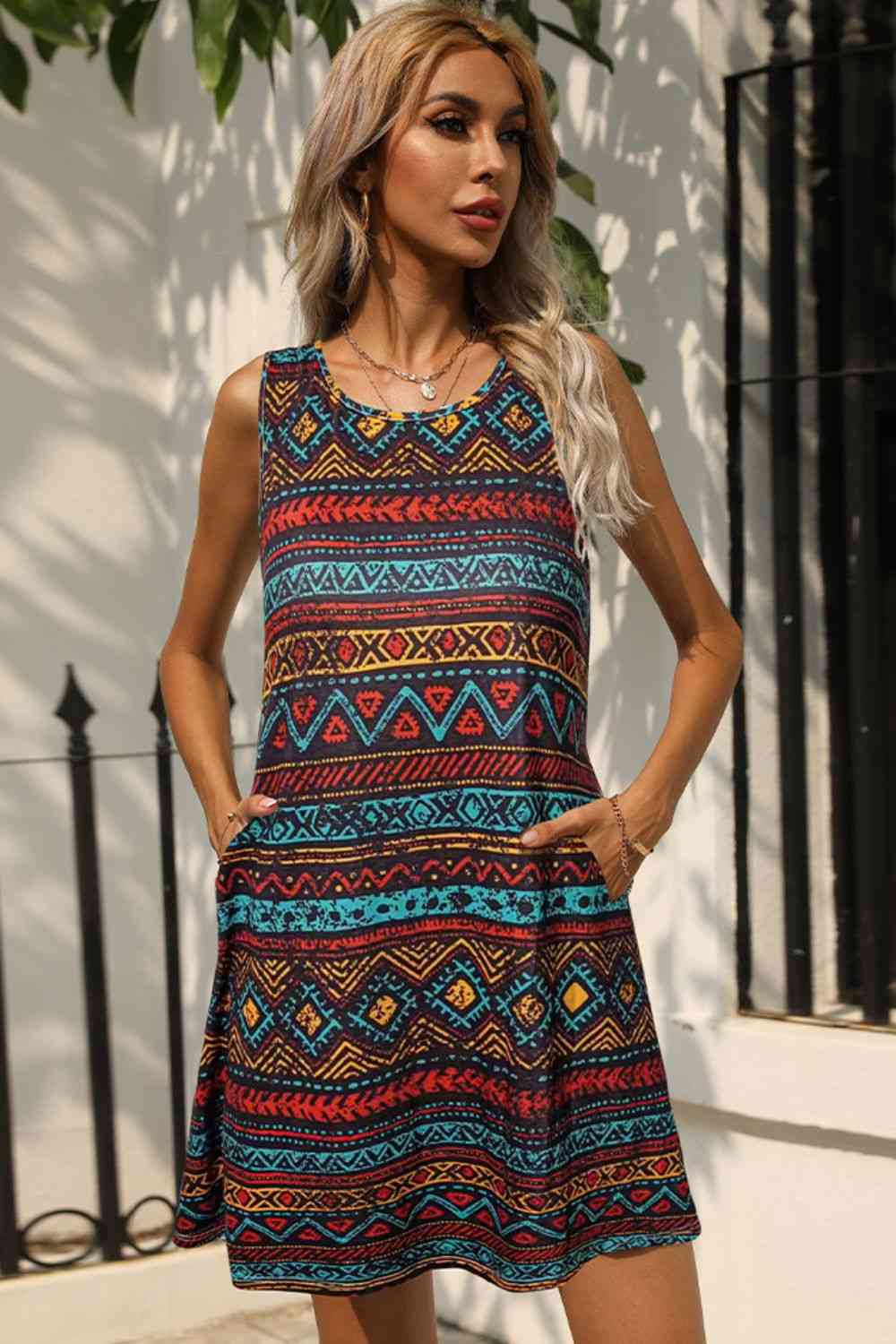 FULL SIZE Printed Round Neck Sleeveless Dress with Pockets