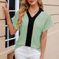 Contrast Johnny Collar Short Sleeve Blouse