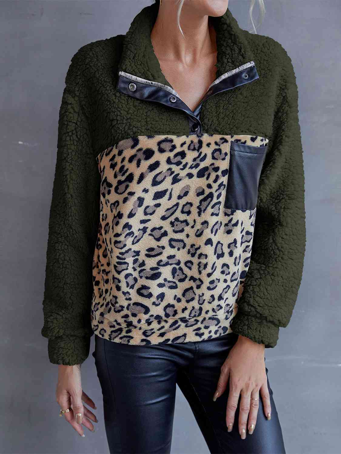 Leopard Quarter-Snap Teddy Sweatshirt