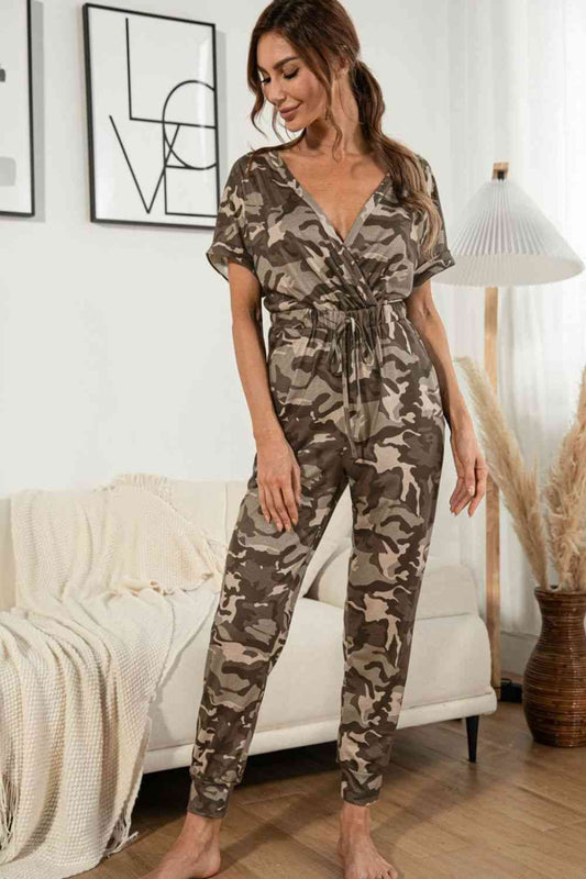 DuskJumpers Surplice Neck Tied Short Sleeve Jumpsuit