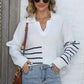 One Size Ribbed Notched Neck Striped Long Sleeve Sweater