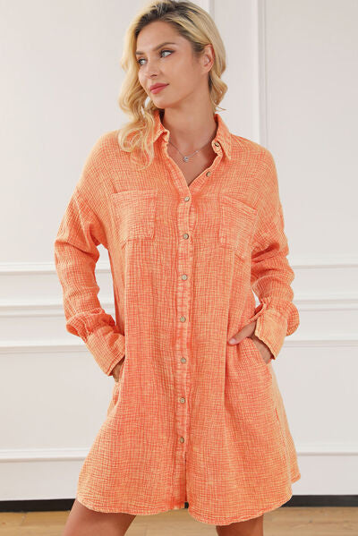 Button Up Collared Neck Pumpkin Orange Dress