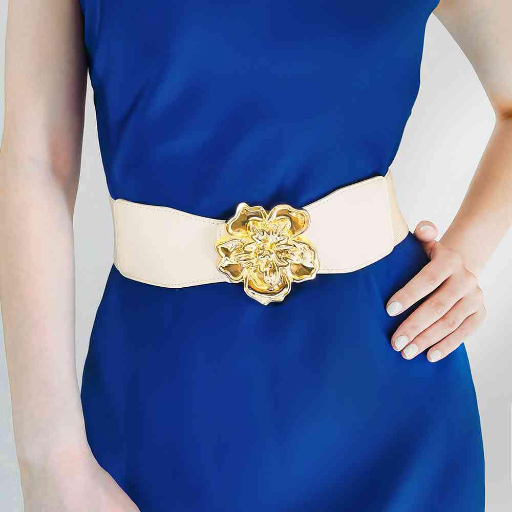 Chic Woman Flower Alloy Buckle Elastic Belt