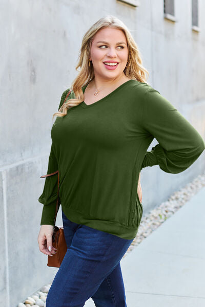 Basic Bae Full Size V-Neck Lantern Sleeve Blouse *