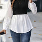 Full Size Contrast Round Neck Puff Sleeve Blouse