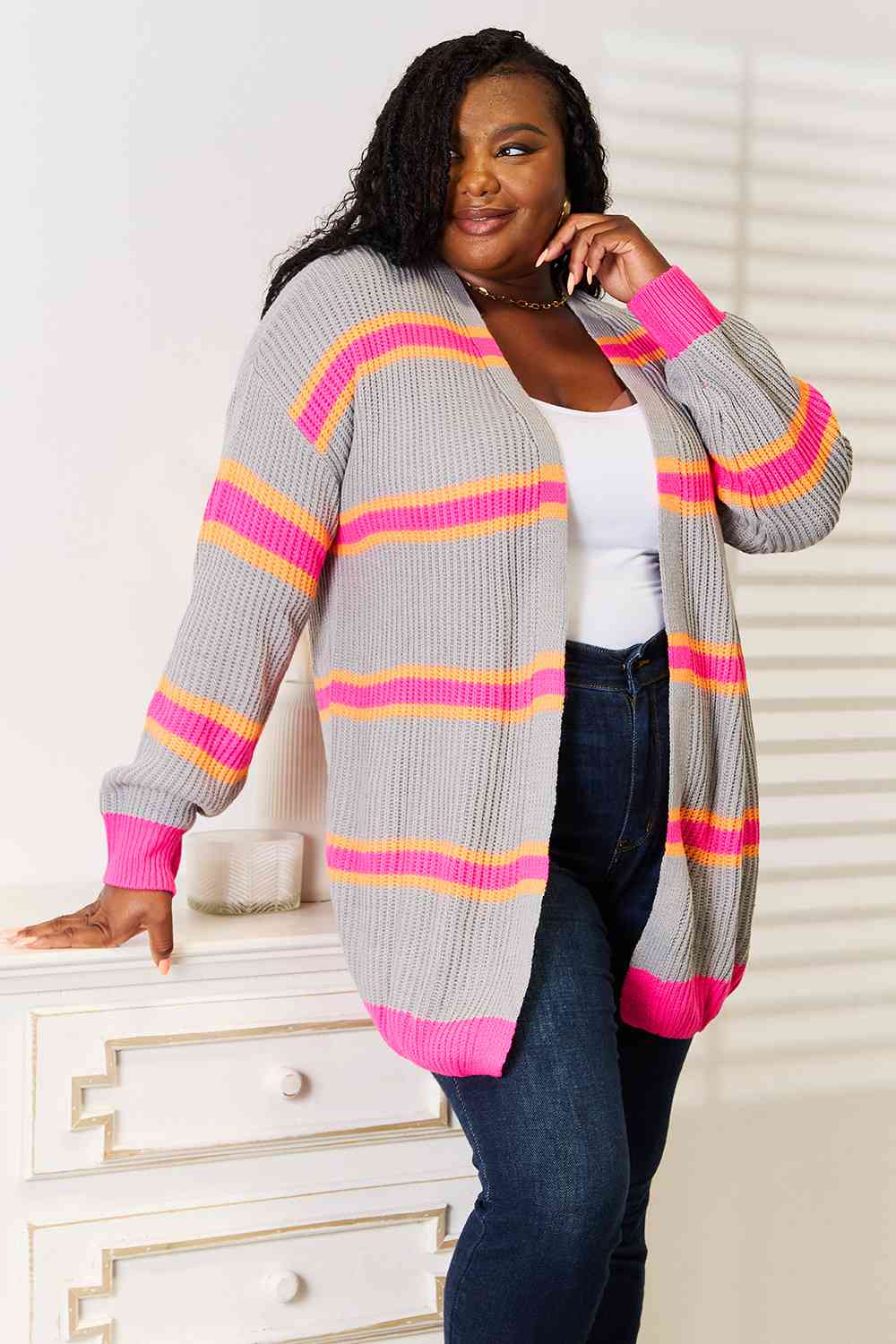 Woven Right Ribbed Long Sleeve Cardigan *