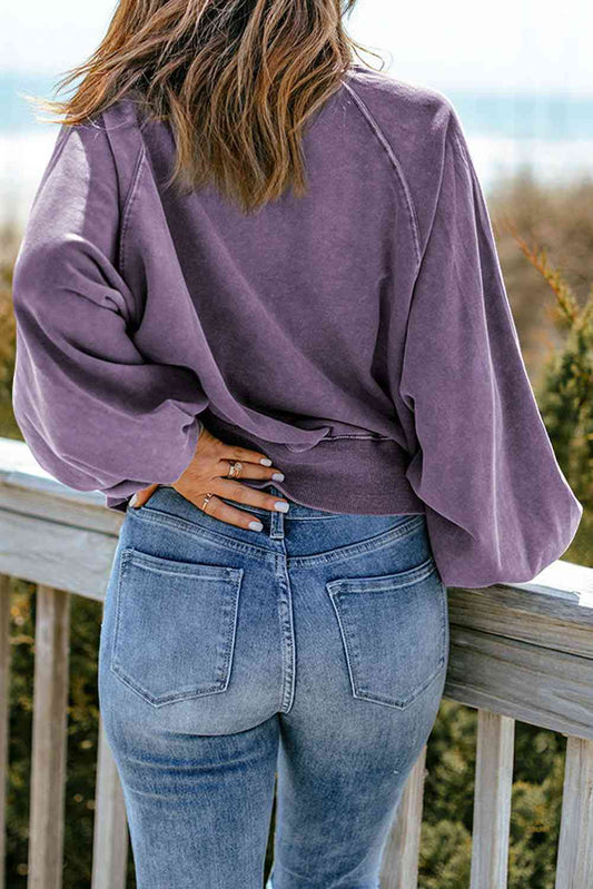 Full Size Quarter-Snap Collared Lantern Sleeve Sweatshirt