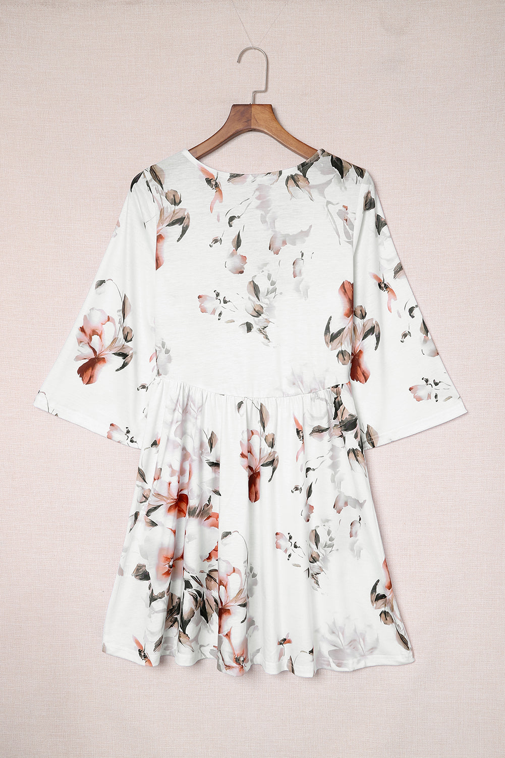 Women's Floral V-Neck Three-Quarter Sleeve Mini Dress