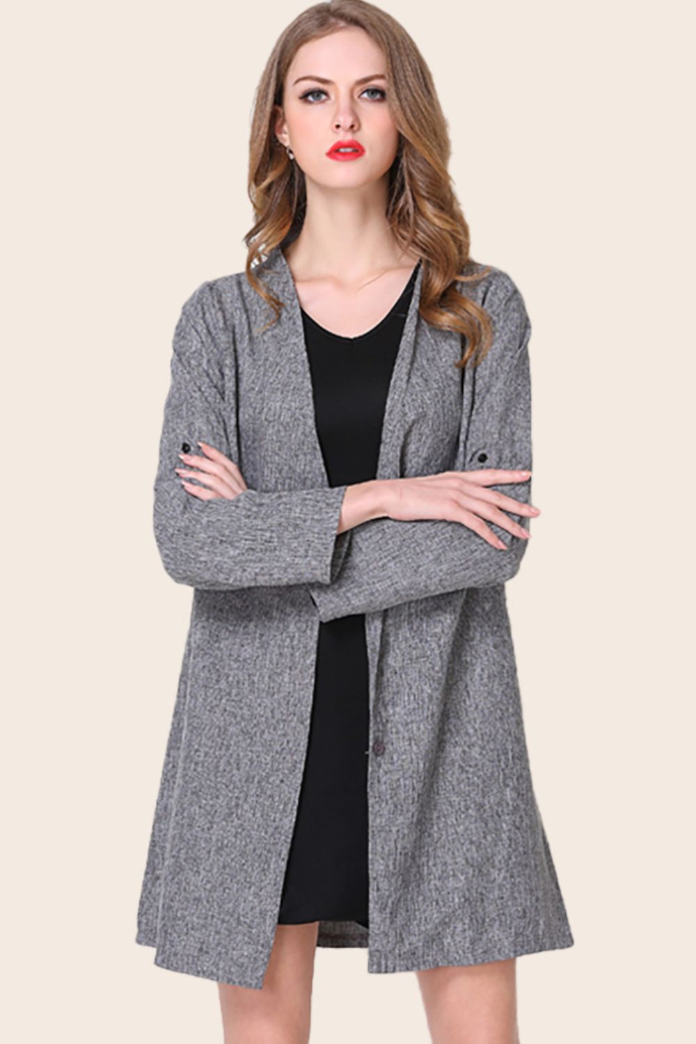 Women's Plus Size Heathered Button Front Trench Coat