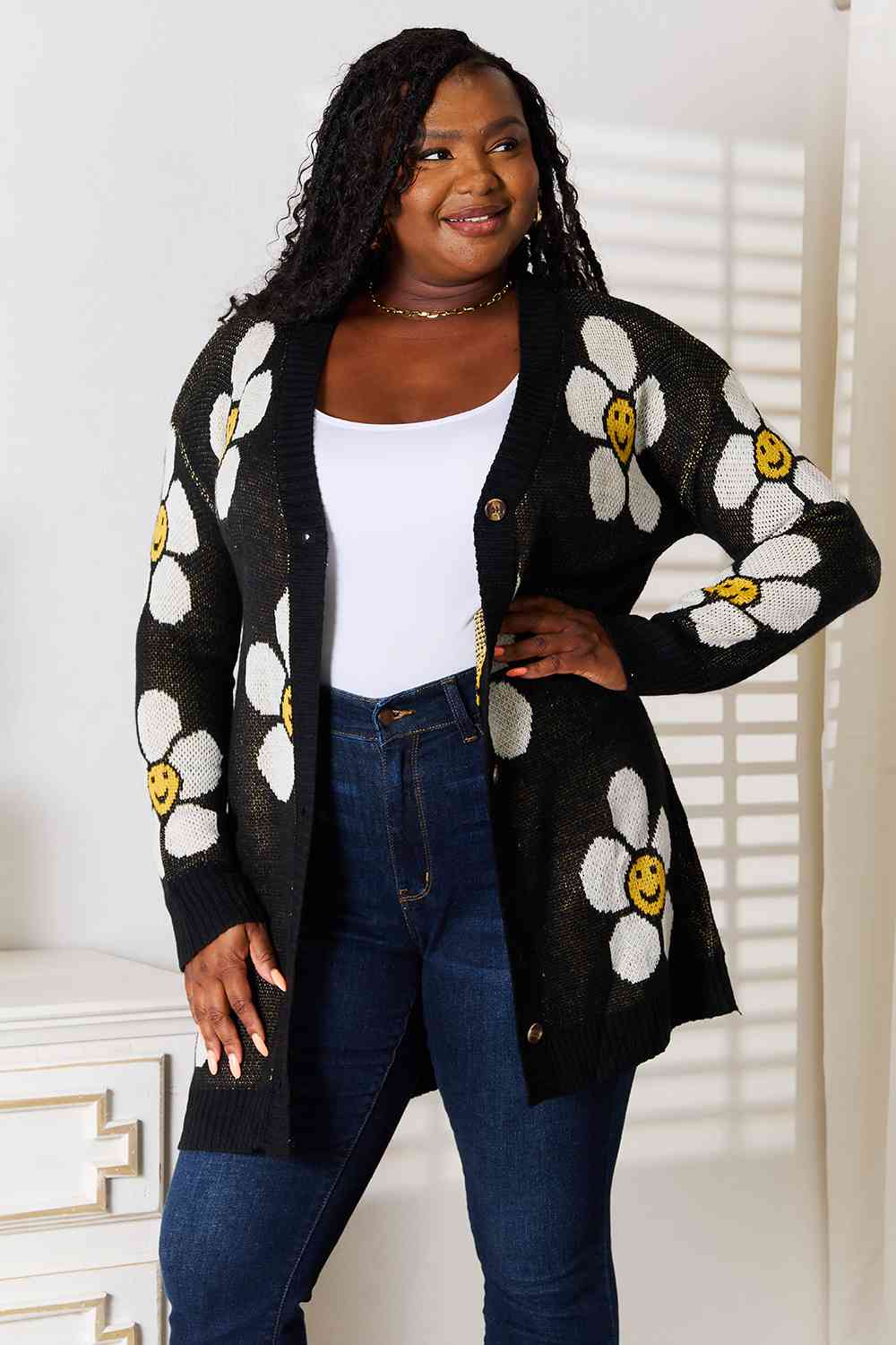 Double Take Floral Button Down Longline Cardigan *