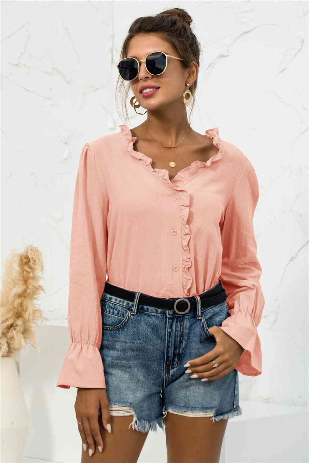 Frill Trim V-Neck Flounce Sleeve Shirt