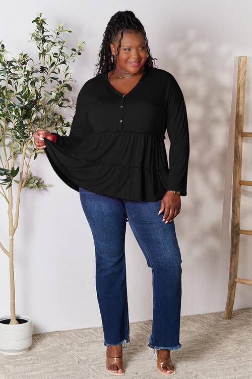 Double Take Half Button Long Sleeve Ruffle Hem Blouse *