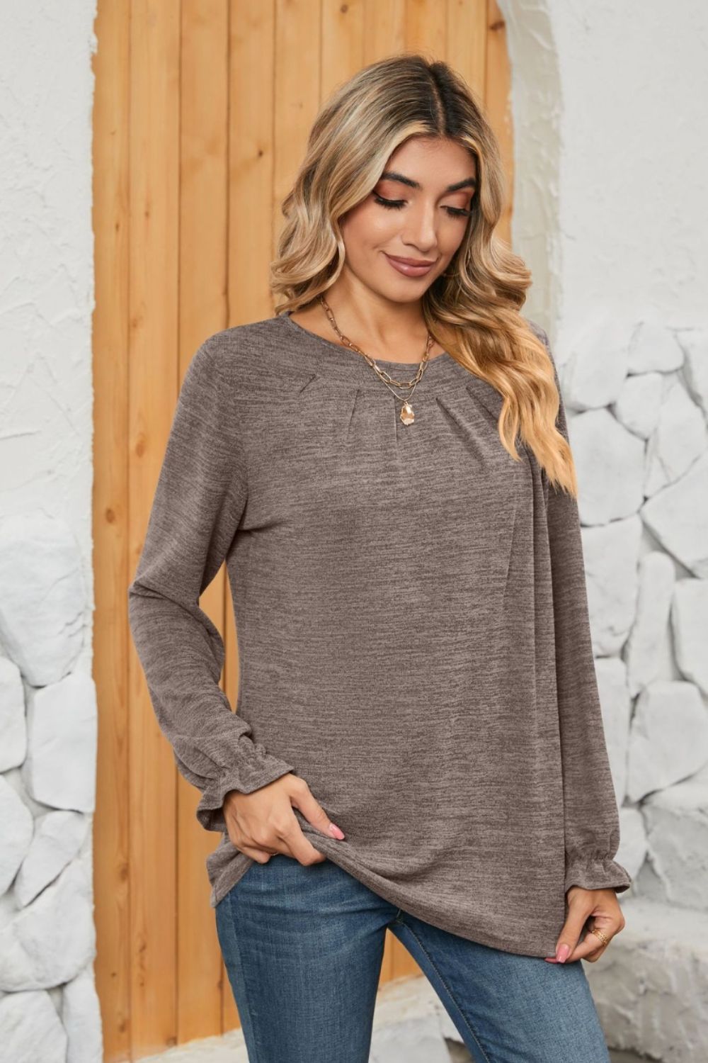 Ruched Round Neck Flounce Sleeve T-Shirt