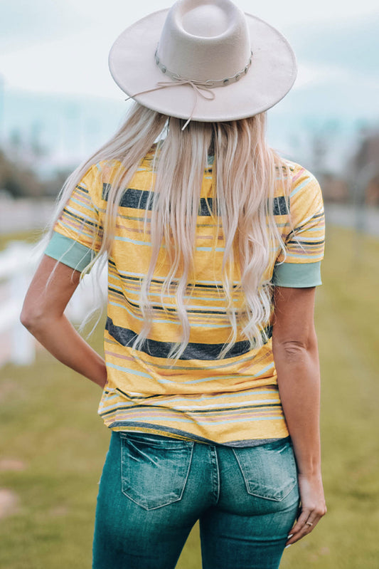 Women's Full Size Multicolored Striped Round Neck Tee Shirt
