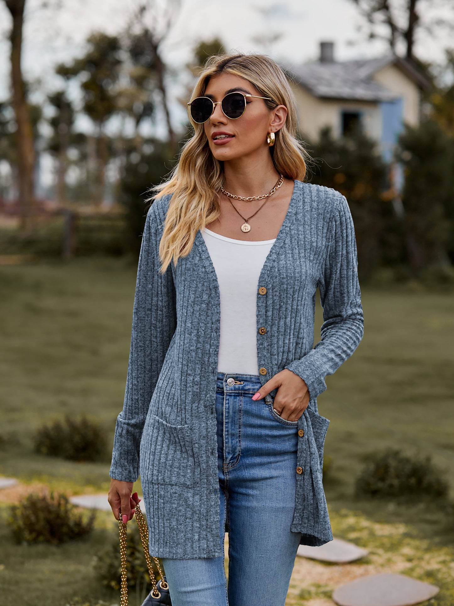 Full Size Ribbed Button-UP Cardigan with Pockets