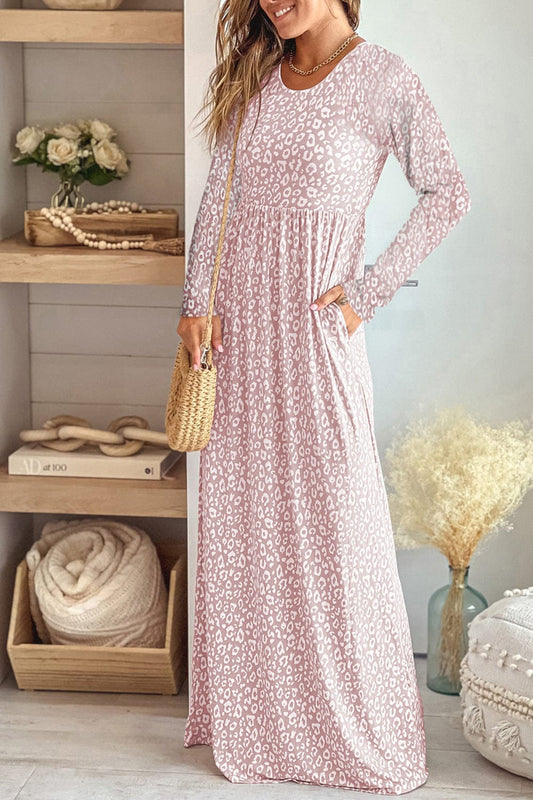 Leopard Round Neck Long Sleeve Blush Pink Maxi Dress