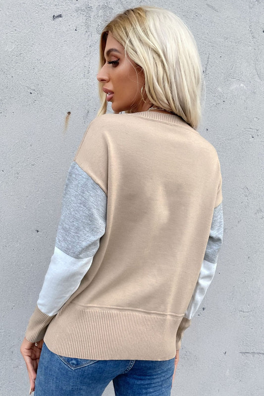 Women's Color Block Ribbed Trim Round Neck Knit Pullover