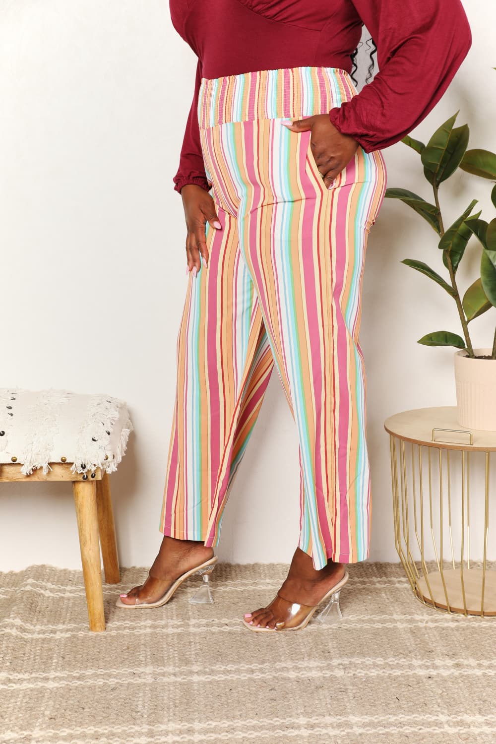 Double Take Striped Smocked Waist Pants with Pockets *