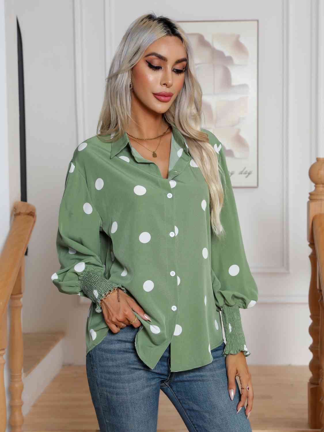 Light Green Polka Dot Collared Neck Buttoned Lantern Sleeve Shirt