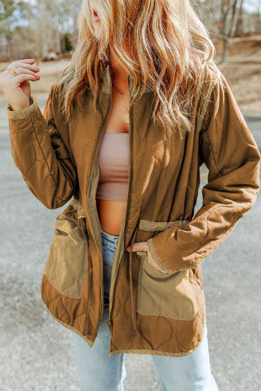 Full Size Drawstring Waist Zip-Up Jacket