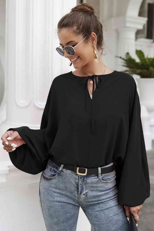 Black Tie Neck Balloon Sleeve Blouse