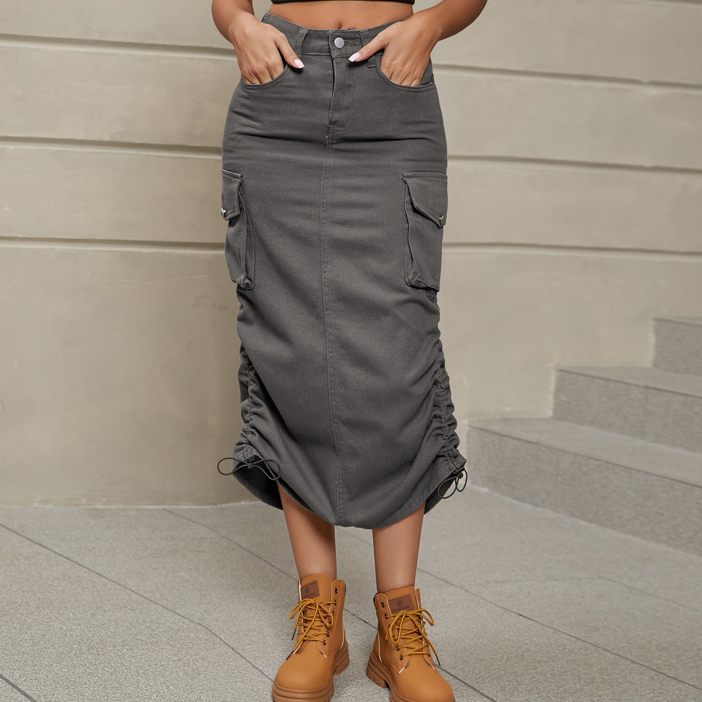 Women's Full Size Drawstring Ruched Slit Denim Midi Skirt