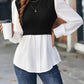 Full Size Contrast Round Neck Puff Sleeve Blouse