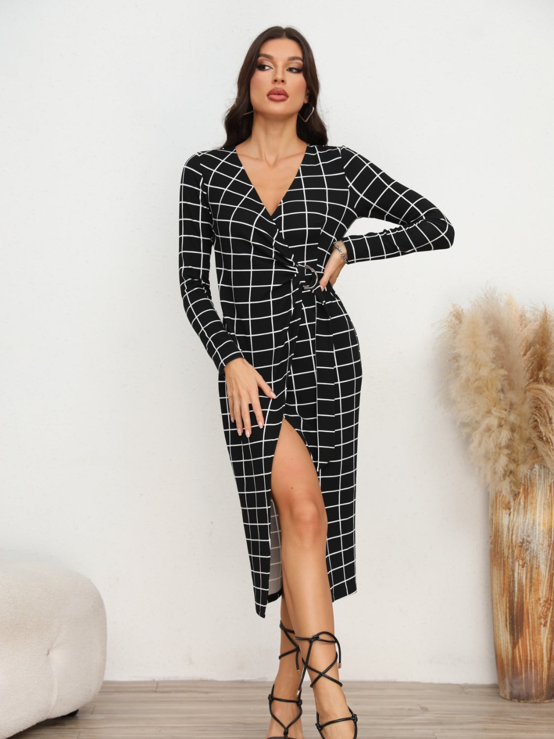 Full Size Plaid Long Sleeve Slit Dress