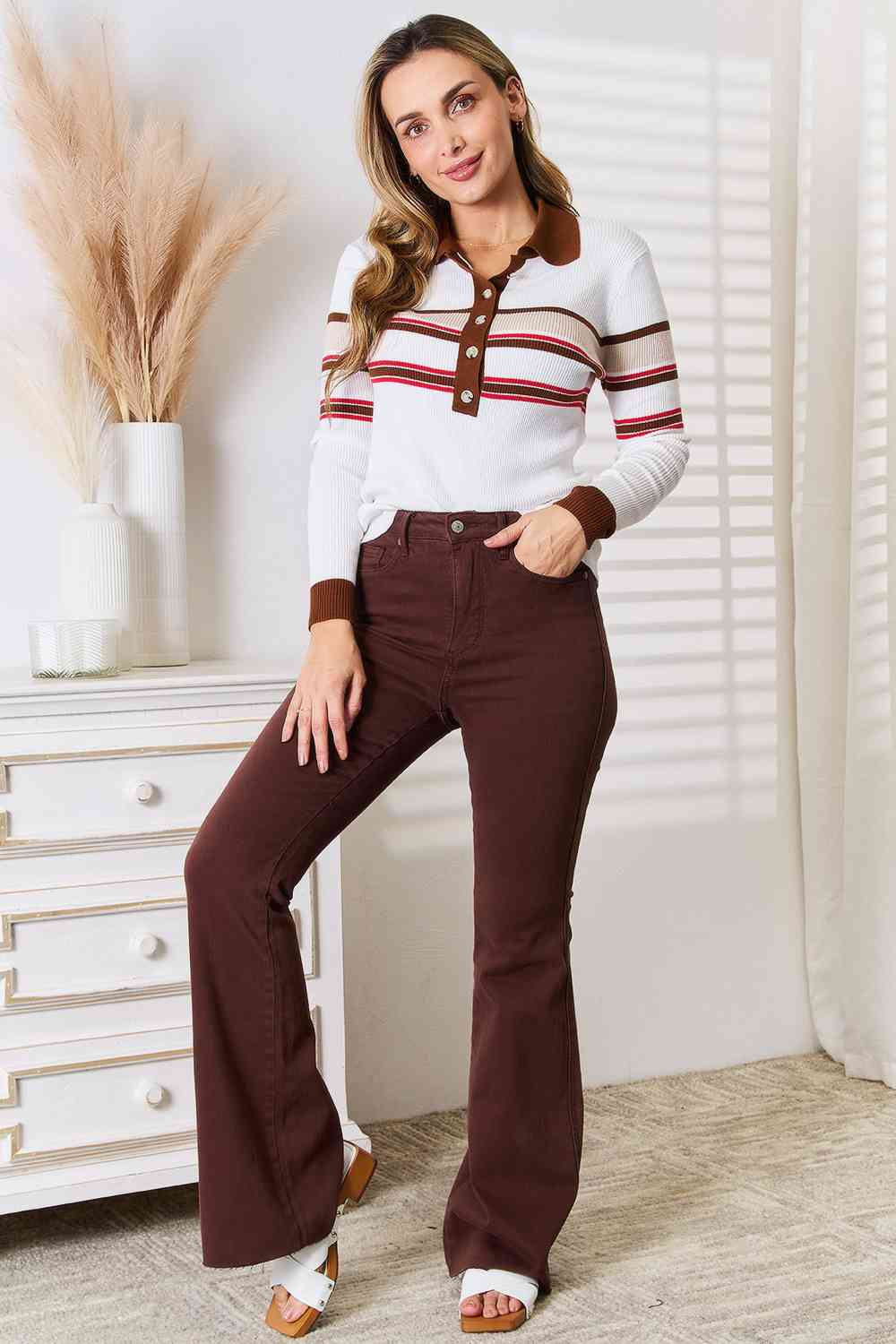 Basic Bae Striped Collared Neck Rib-Knit Top *