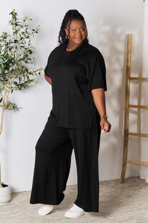 Double Take Full Size Round Neck Slit Top and Pants Set *